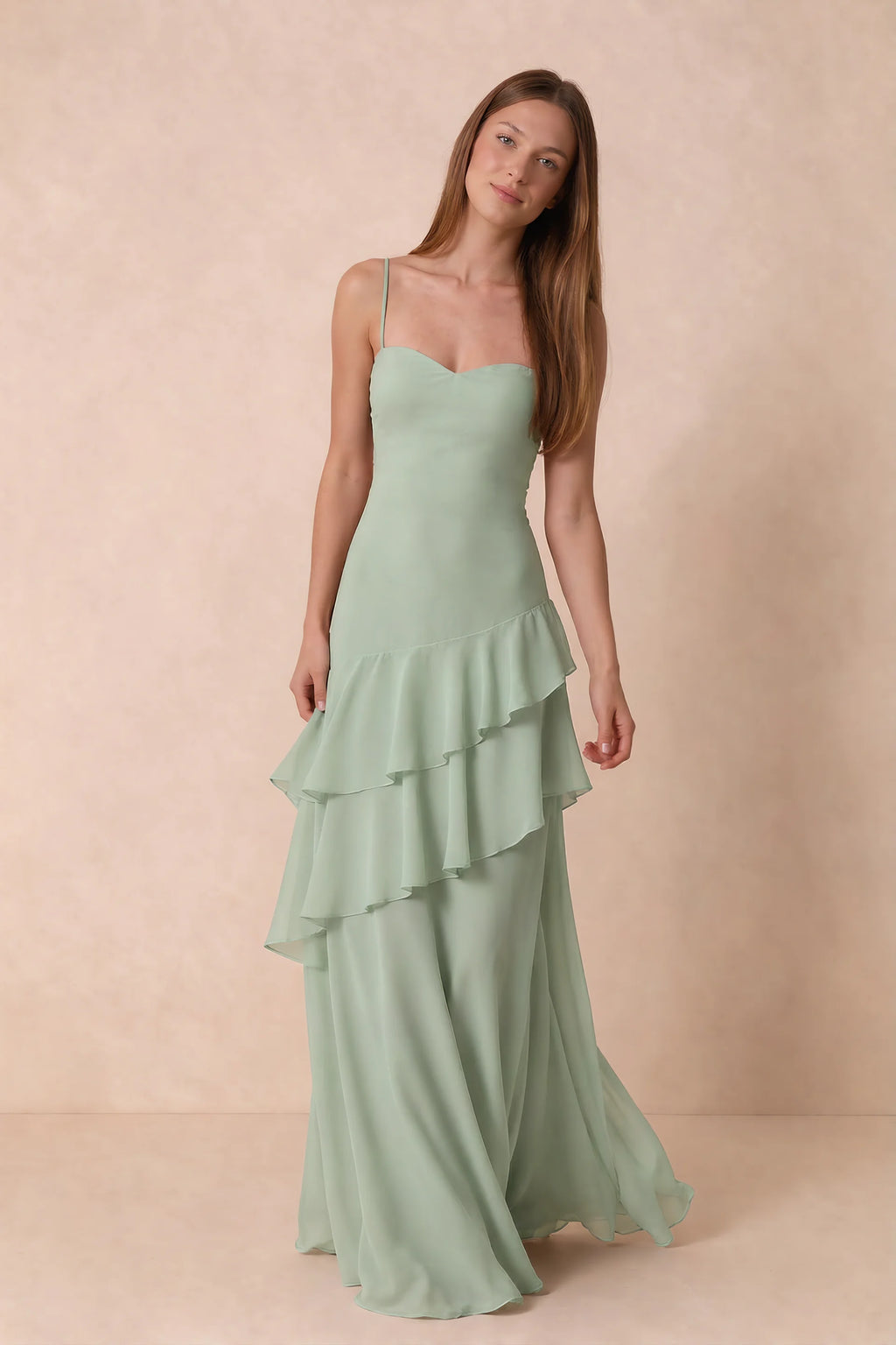 Rosalie Sage Green Chiffon Tiered Ruffle Sweetheart Maxi Dress