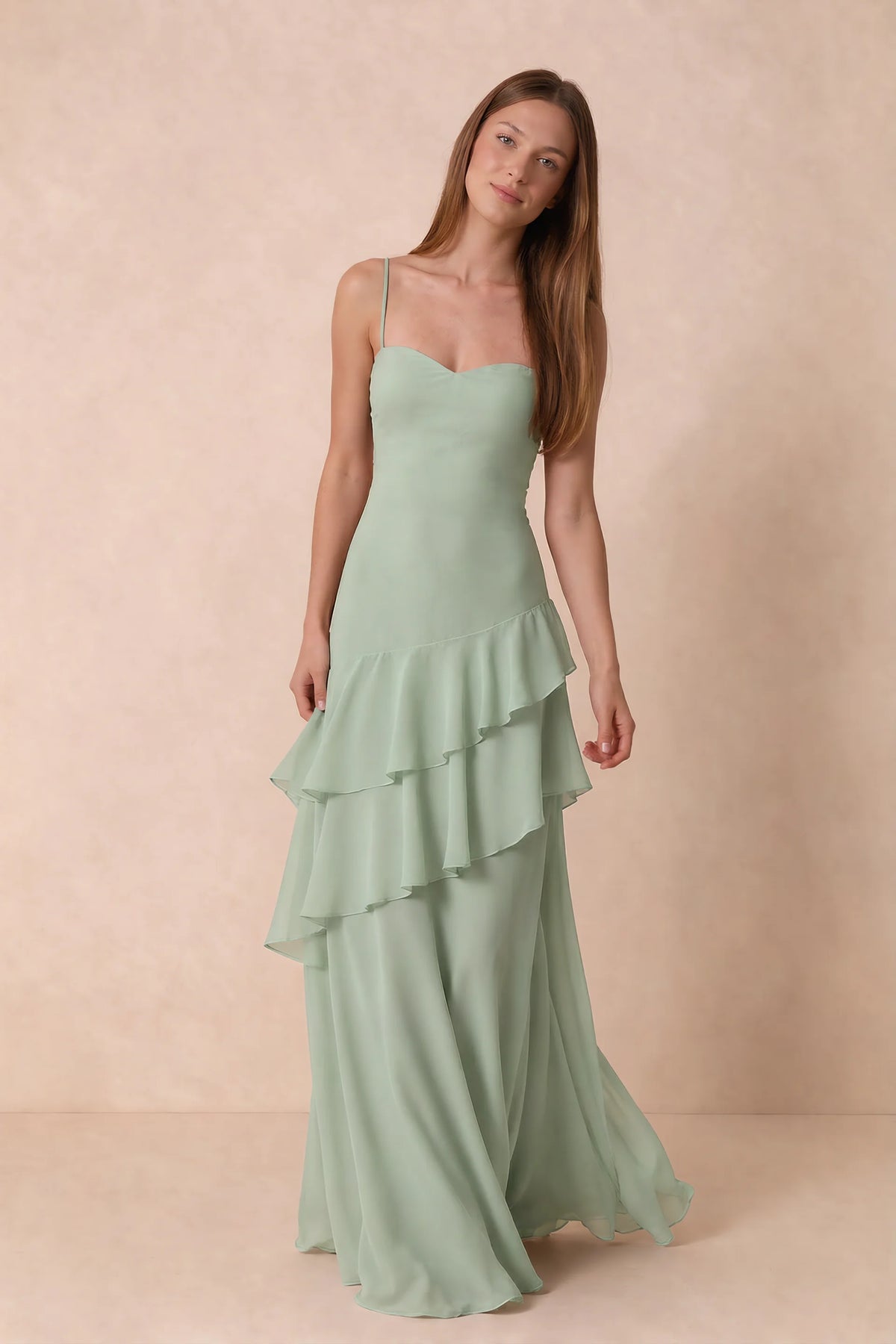Rosalie Sage Green Chiffon Tiered Ruffle Sweetheart Maxi Dress