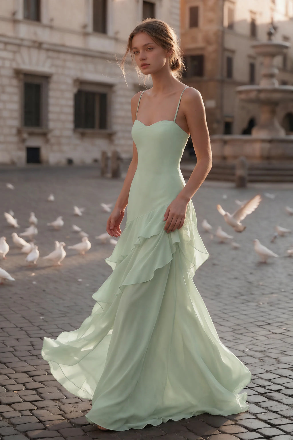 Rosalie Sage Green Chiffon Tiered Ruffle Sweetheart Maxi Dress