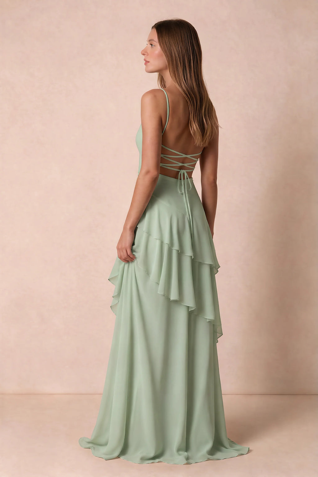 Rosalie Sage Green Chiffon Tiered Ruffle Sweetheart Maxi Dress