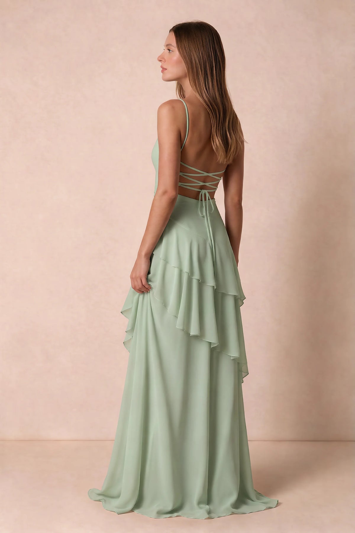 Rosalie Sage Green Chiffon Tiered Ruffle Sweetheart Maxi Dress