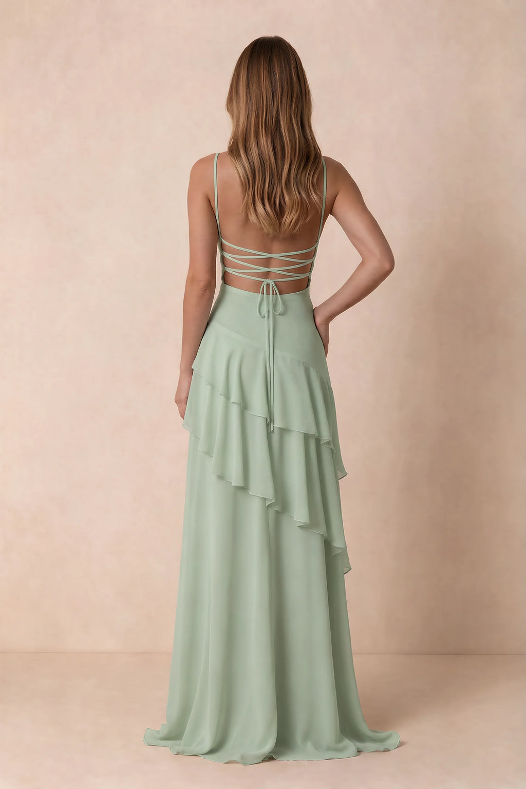 Rosalie Sage Green Chiffon Tiered Ruffle Sweetheart Maxi Dress