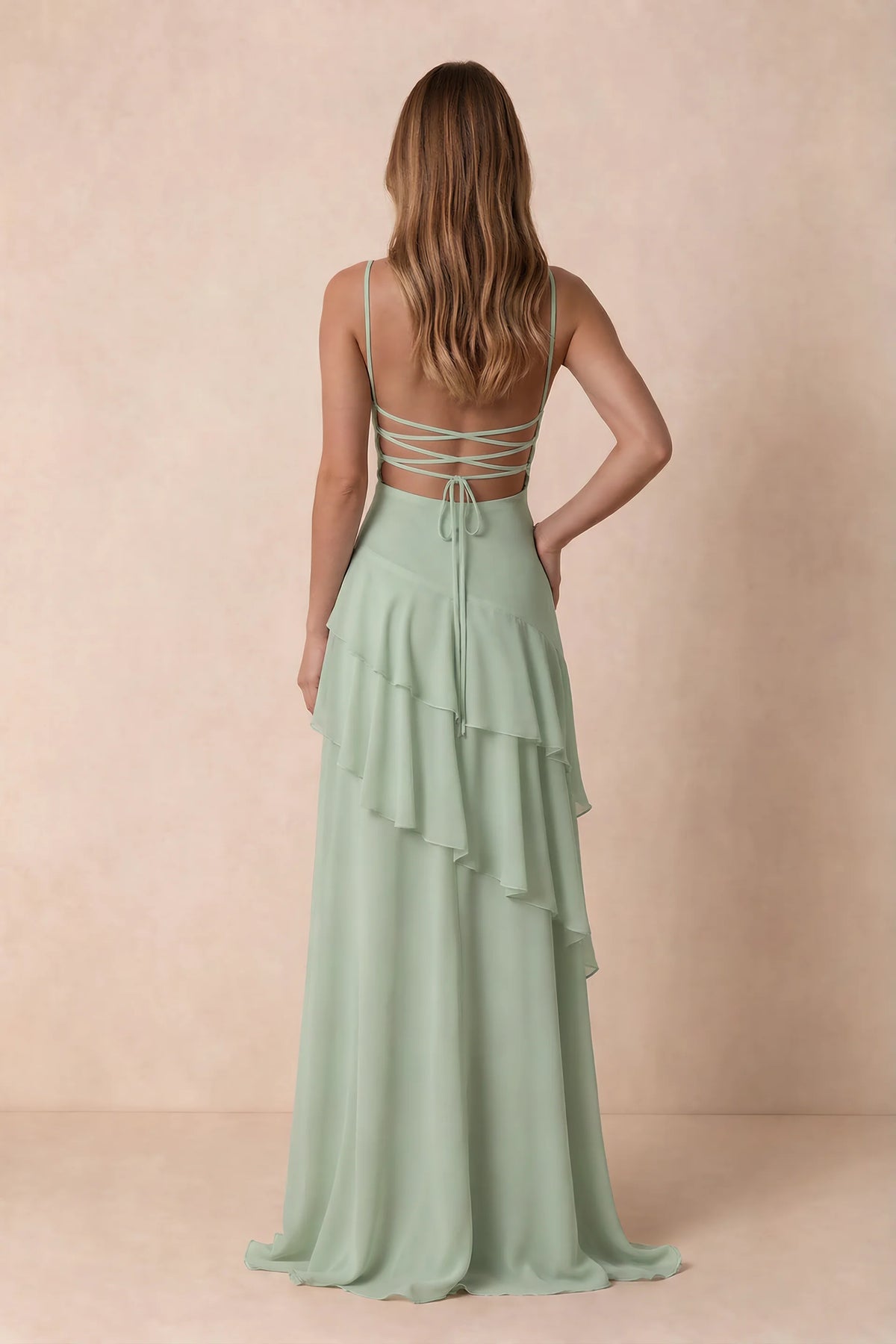 Rosalie Sage Green Chiffon Tiered Ruffle Sweetheart Maxi Dress