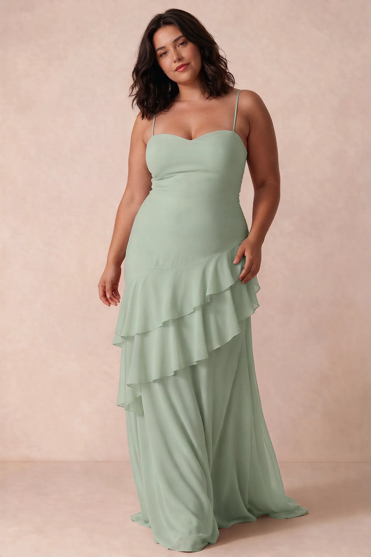 Rosalie Sage Green Chiffon Tiered Ruffle Sweetheart Maxi Dress