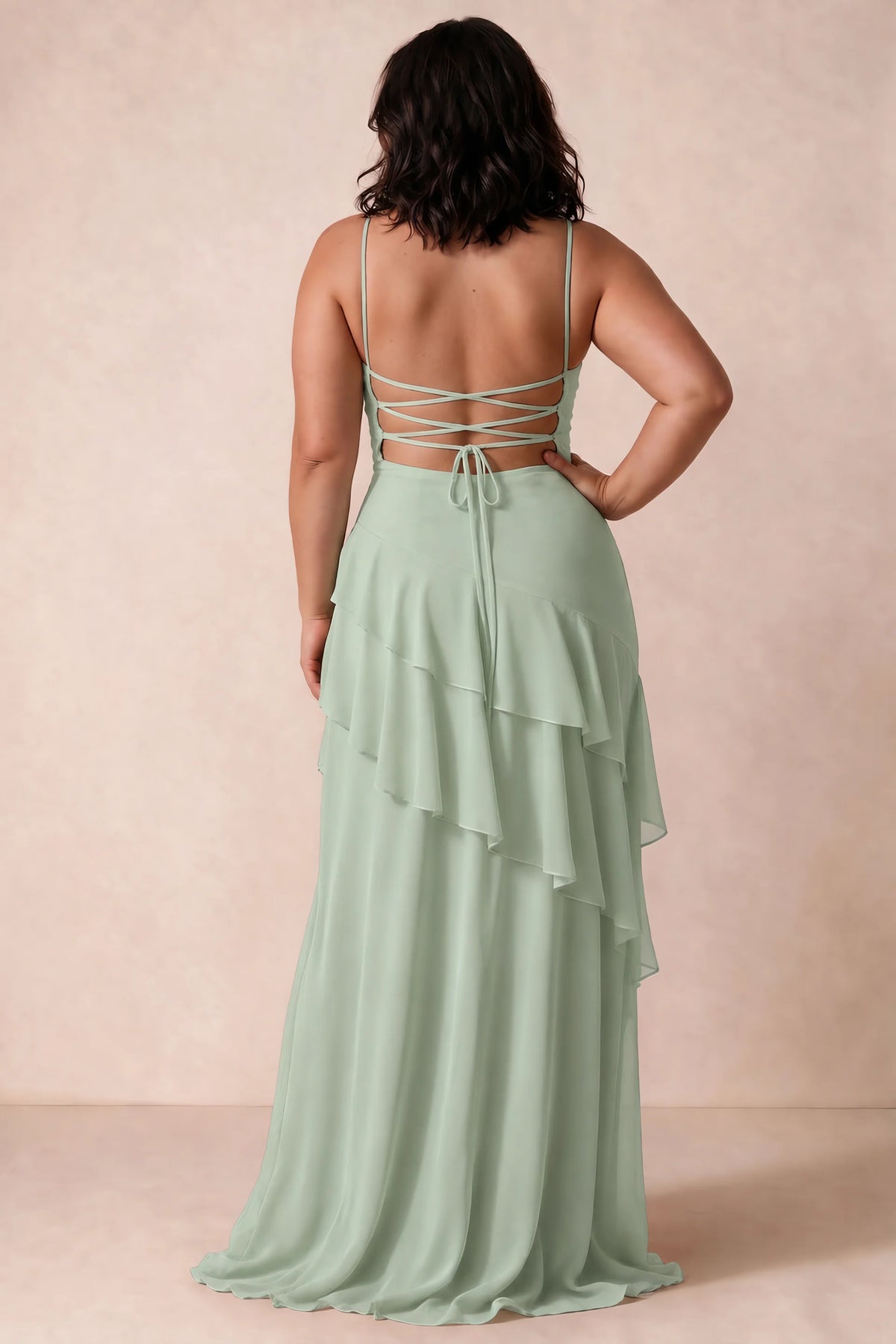 Rosalie Sage Green Chiffon Tiered Ruffle Sweetheart Maxi Dress