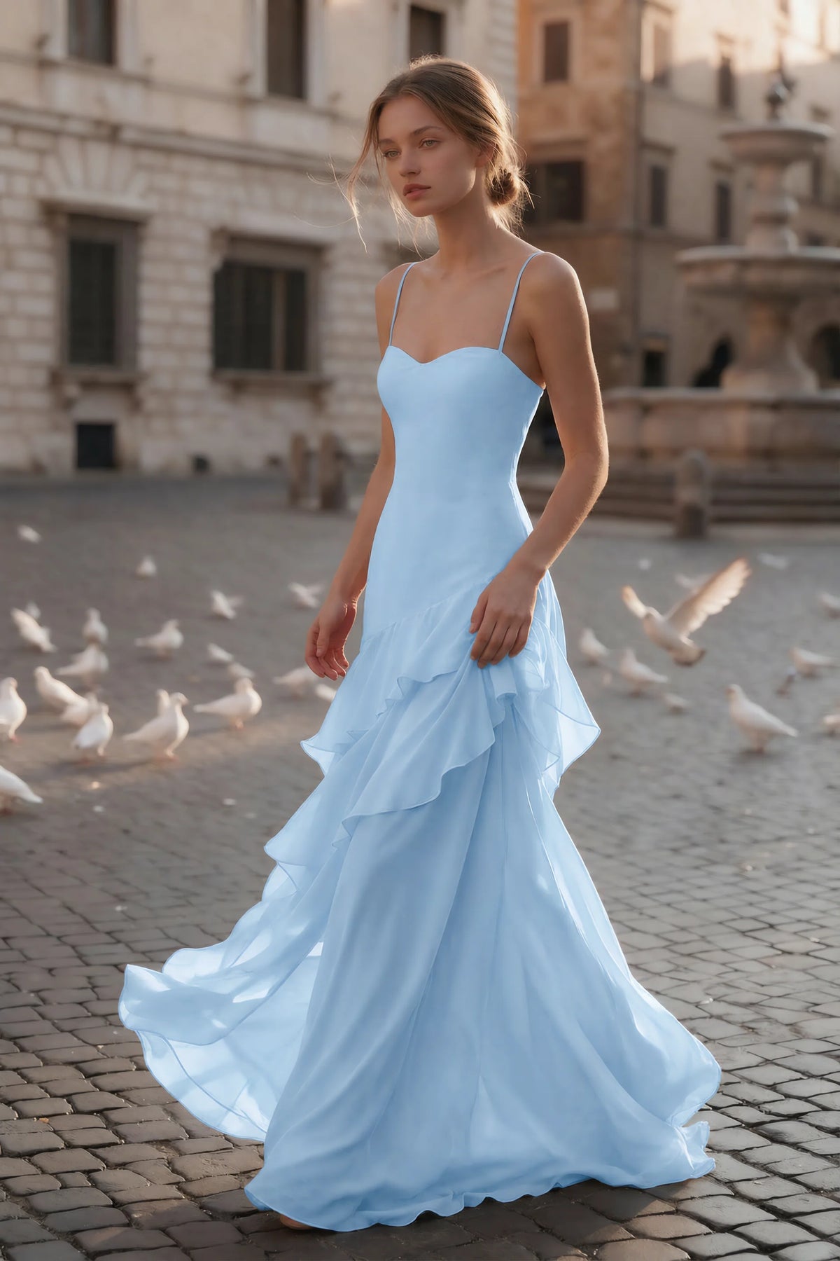 Rosalie Sky Blue Chiffon Tiered Ruffle Sweetheart Maxi Dress