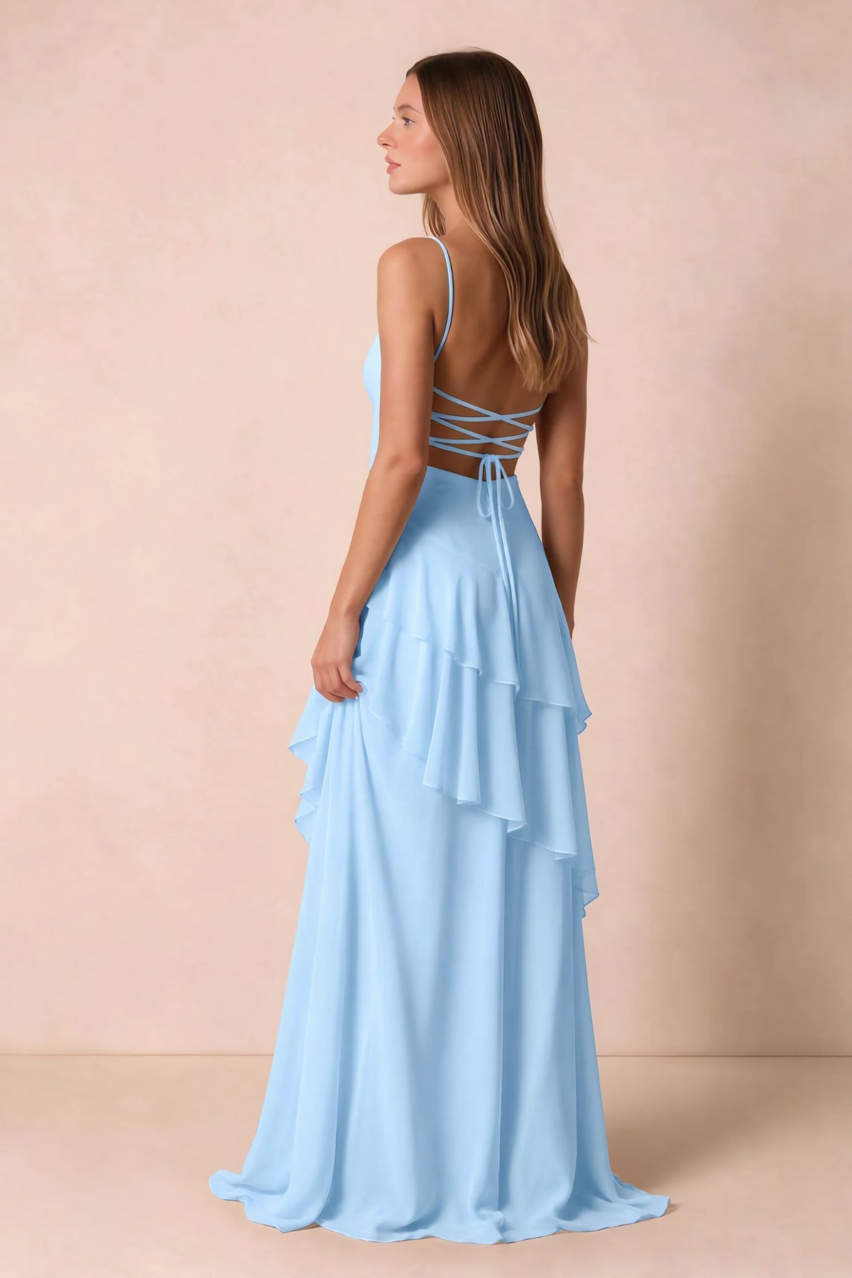 Rosalie Sky Blue Chiffon Tiered Ruffle Sweetheart Maxi Dress