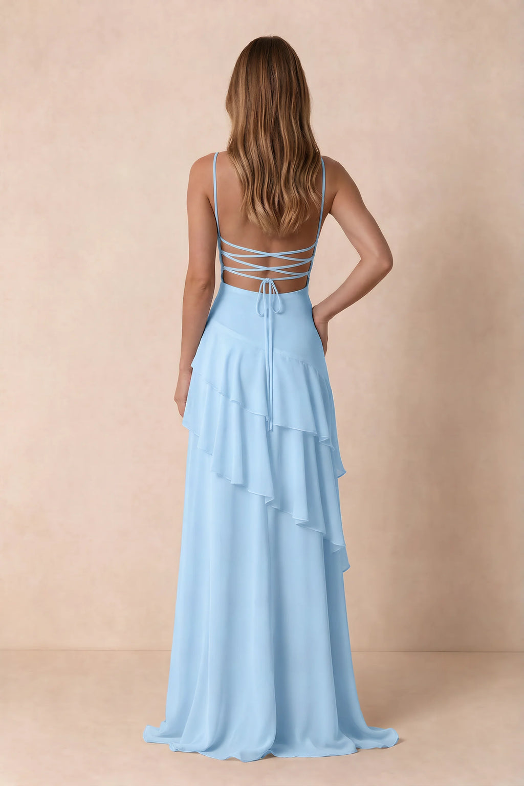 Rosalie Sky Blue Chiffon Tiered Ruffle Sweetheart Maxi Dress