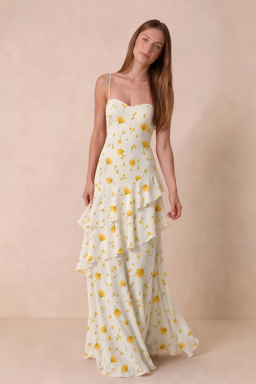 Rosalie Soft Yellow Floral Chiffon Tiered Ruffle Sweetheart Maxi Dress