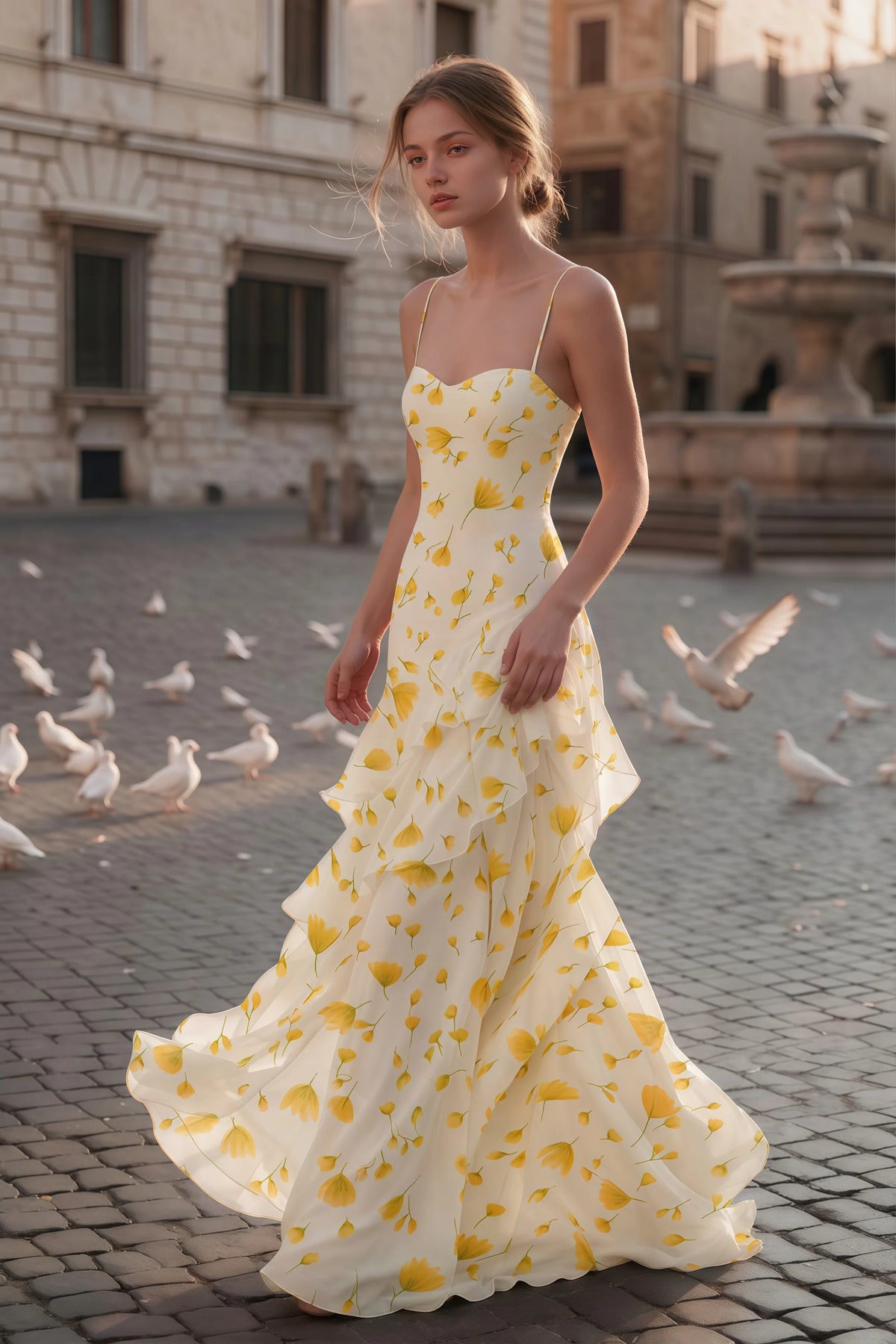 Rosalie Soft Yellow Floral Chiffon Tiered Ruffle Sweetheart Maxi Dress