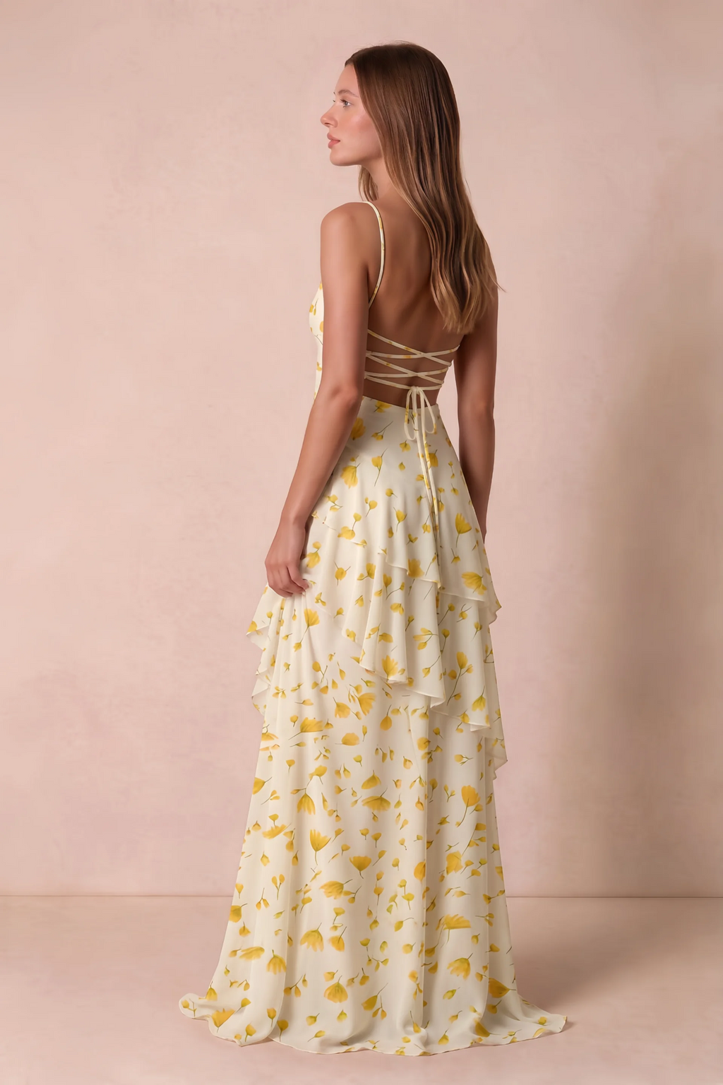 Rosalie Soft Yellow Floral Chiffon Tiered Ruffle Sweetheart Maxi Dress