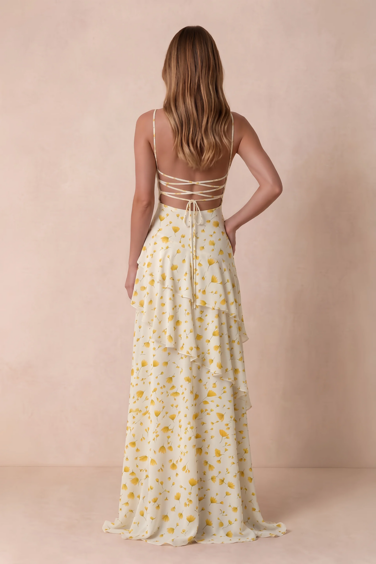 Rosalie Soft Yellow Floral Chiffon Tiered Ruffle Sweetheart Maxi Dress