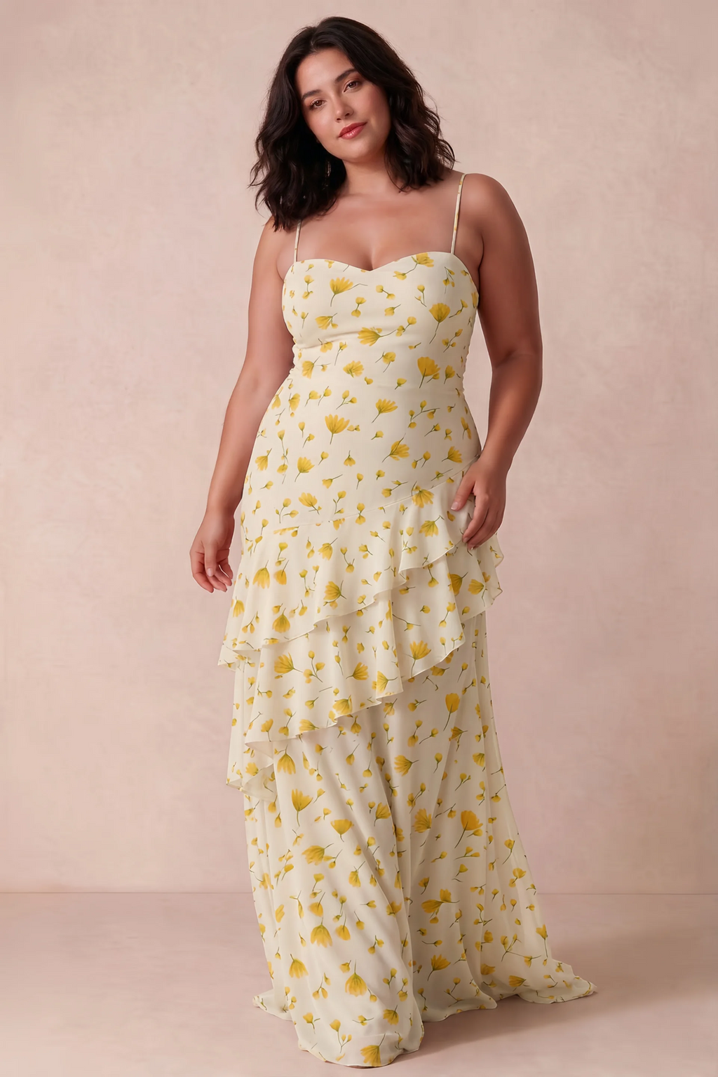 Rosalie Soft Yellow Floral Chiffon Tiered Ruffle Sweetheart Maxi Dress
