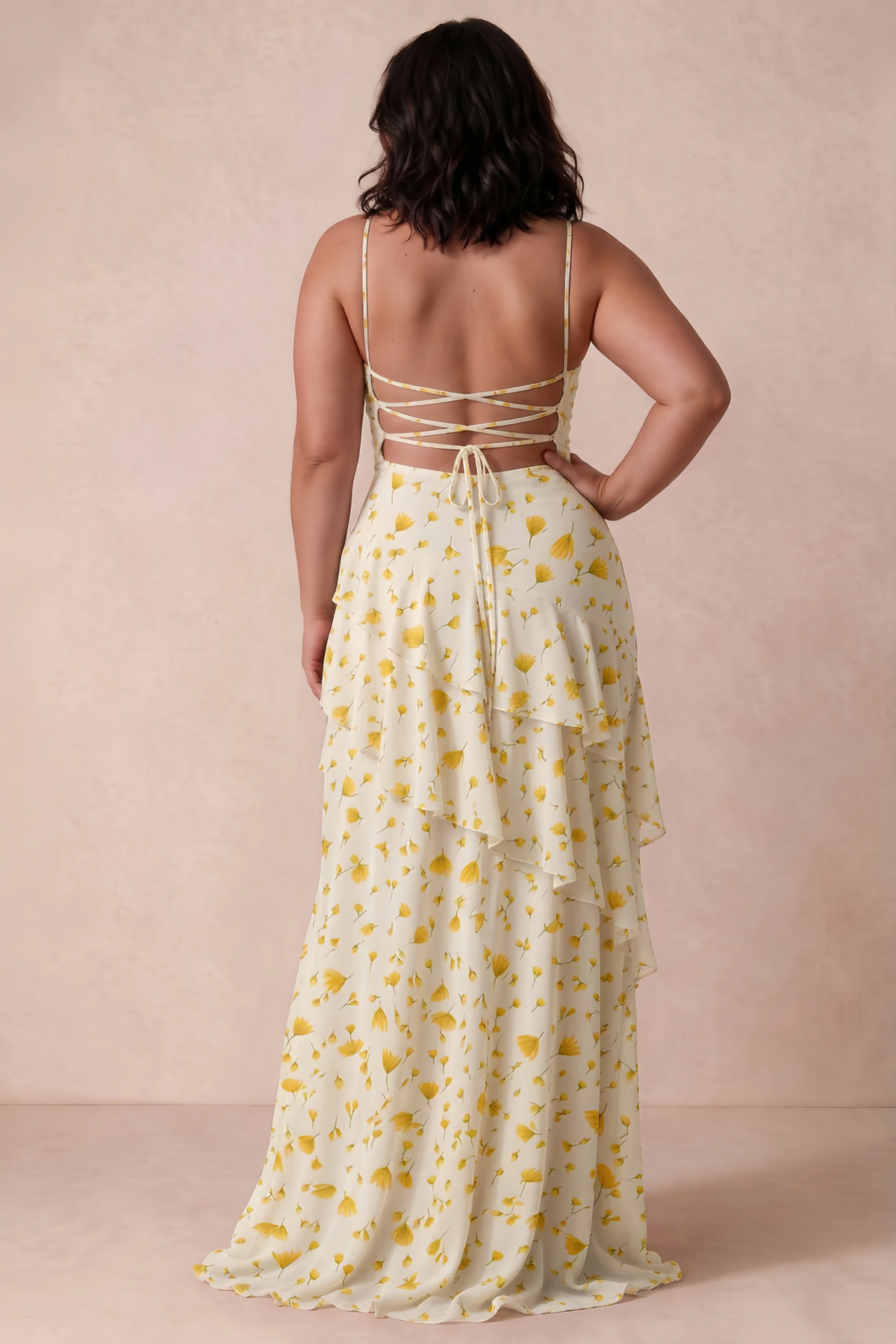 Rosalie Soft Yellow Floral Chiffon Tiered Ruffle Sweetheart Maxi Dress