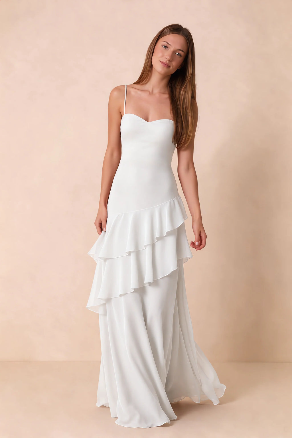 Rosalie White Chiffon Tiered Ruffle Sweetheart Maxi Dress