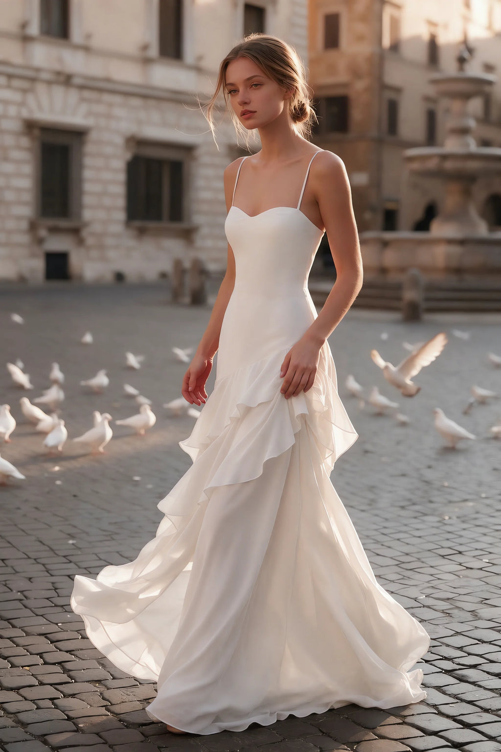 Rosalie White Chiffon Tiered Ruffle Sweetheart Maxi Dress