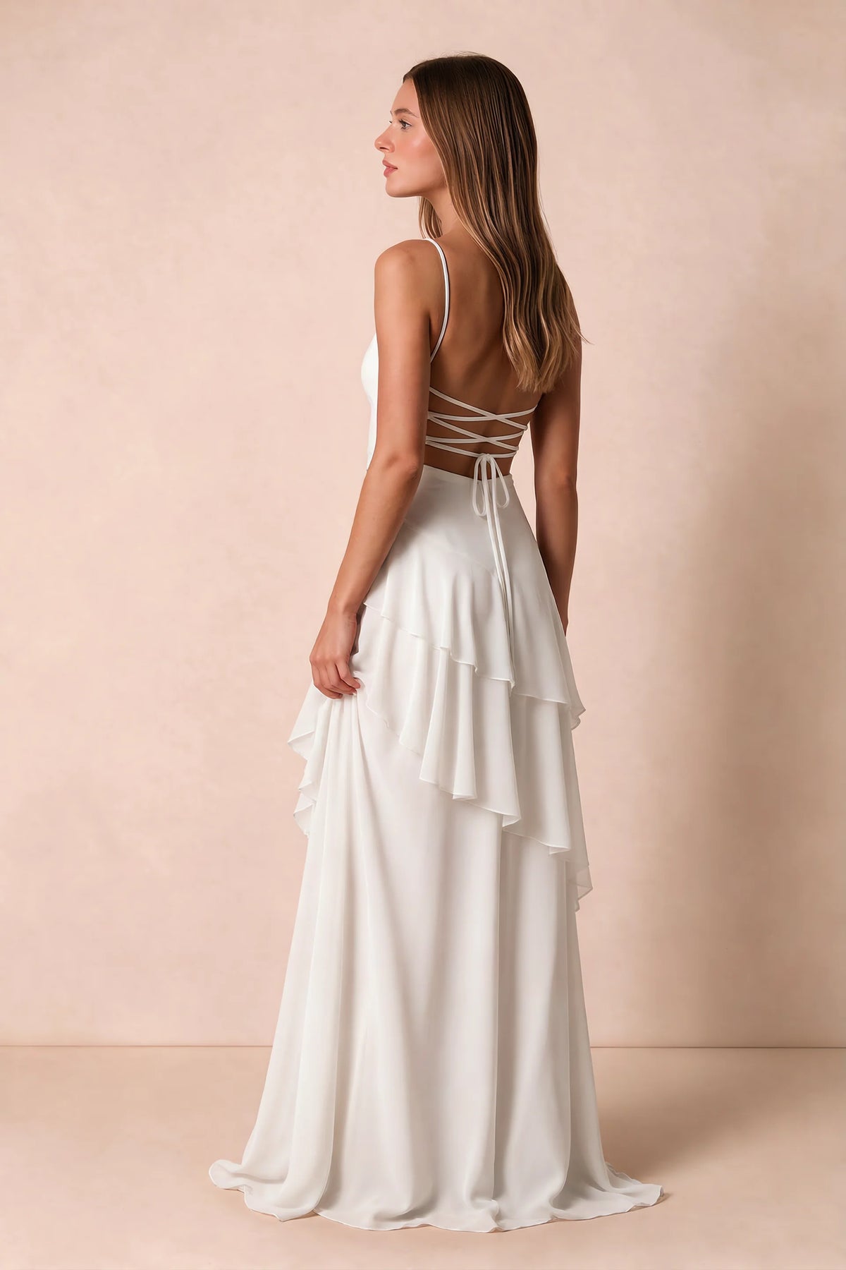 Rosalie White Chiffon Tiered Ruffle Sweetheart Maxi Dress