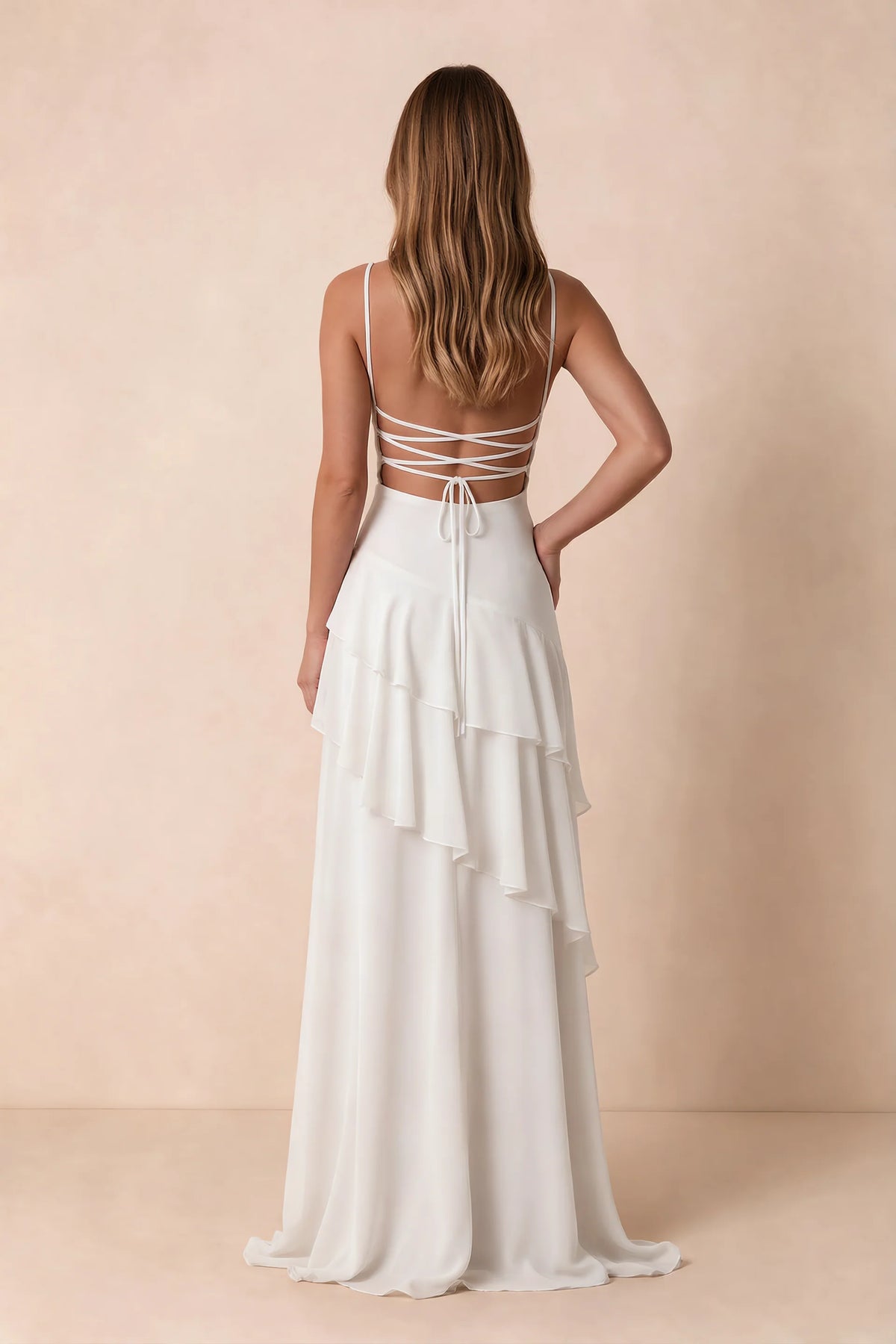 Rosalie White Chiffon Tiered Ruffle Sweetheart Maxi Dress