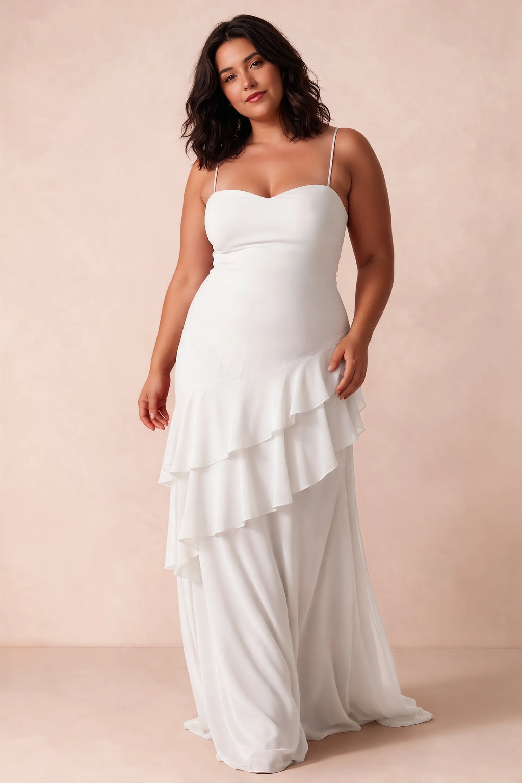 Rosalie White Chiffon Tiered Ruffle Sweetheart Maxi Dress
