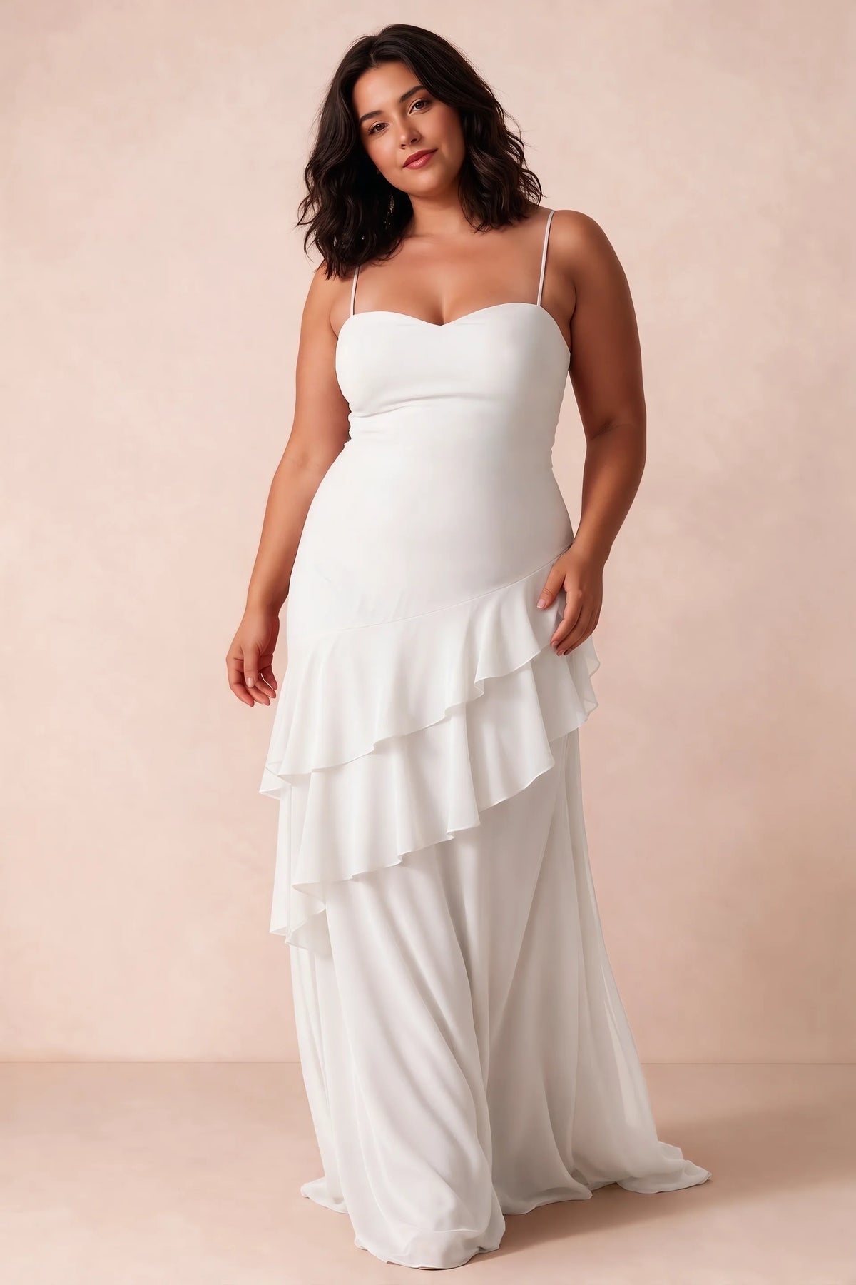 Rosalie White Chiffon Tiered Ruffle Sweetheart Maxi Dress