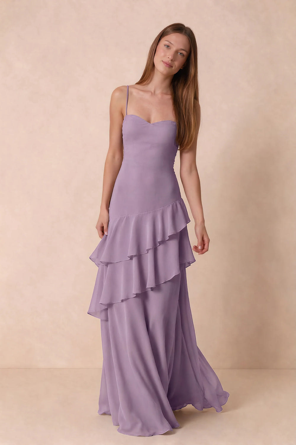 Translation missing: en.Front studio view of Rosalie wisteria tiered ruffle maxi dress with a long flowing skirt content.product_image_main