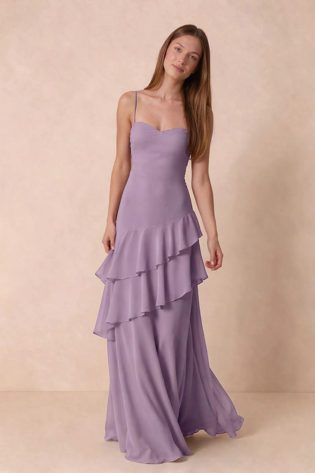 Rosalie Wisteria Chiffon Tiered Ruffle Sweetheart Maxi Dress