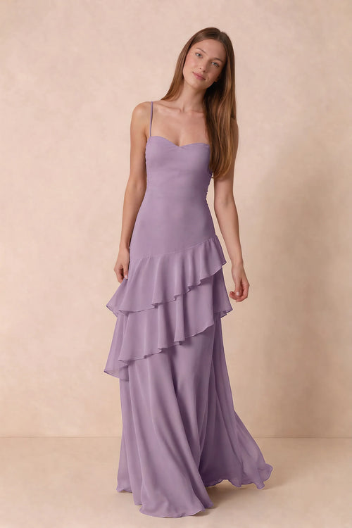 Front studio view of Rosalie wisteria tiered ruffle maxi dress with a long flowing skirt