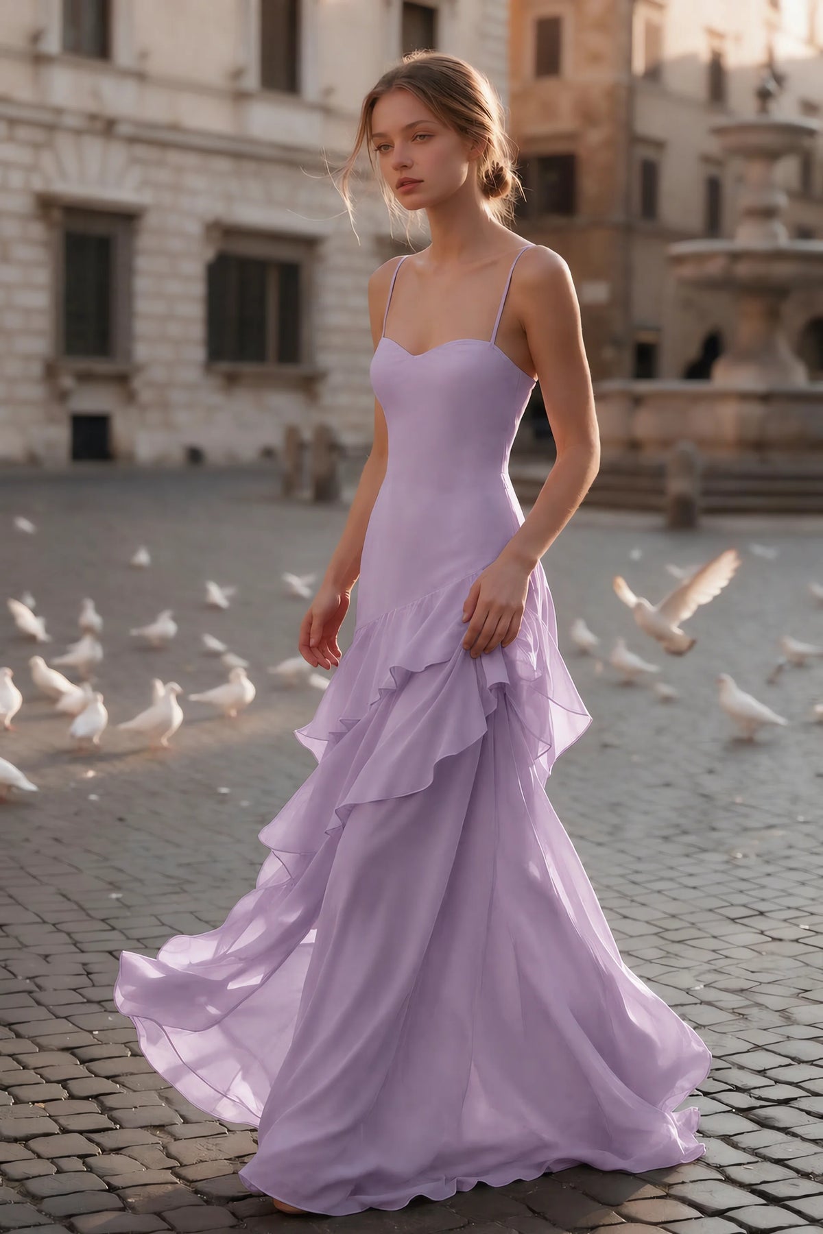 Rosalie Wisteria Chiffon Tiered Ruffle Sweetheart Maxi Dress