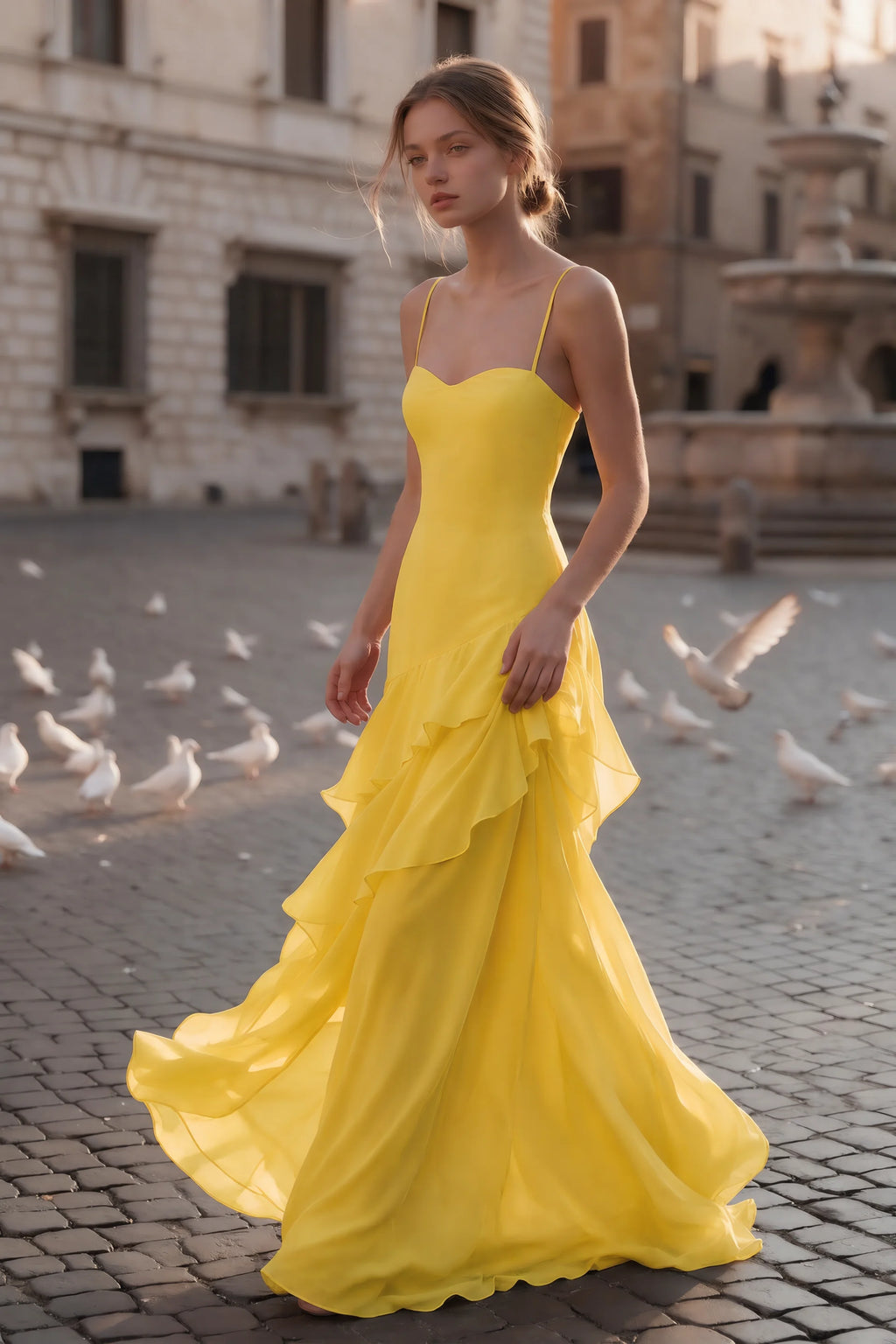 Rosalie Yellow Chiffon Tiered Ruffle Sweetheart Maxi Dress