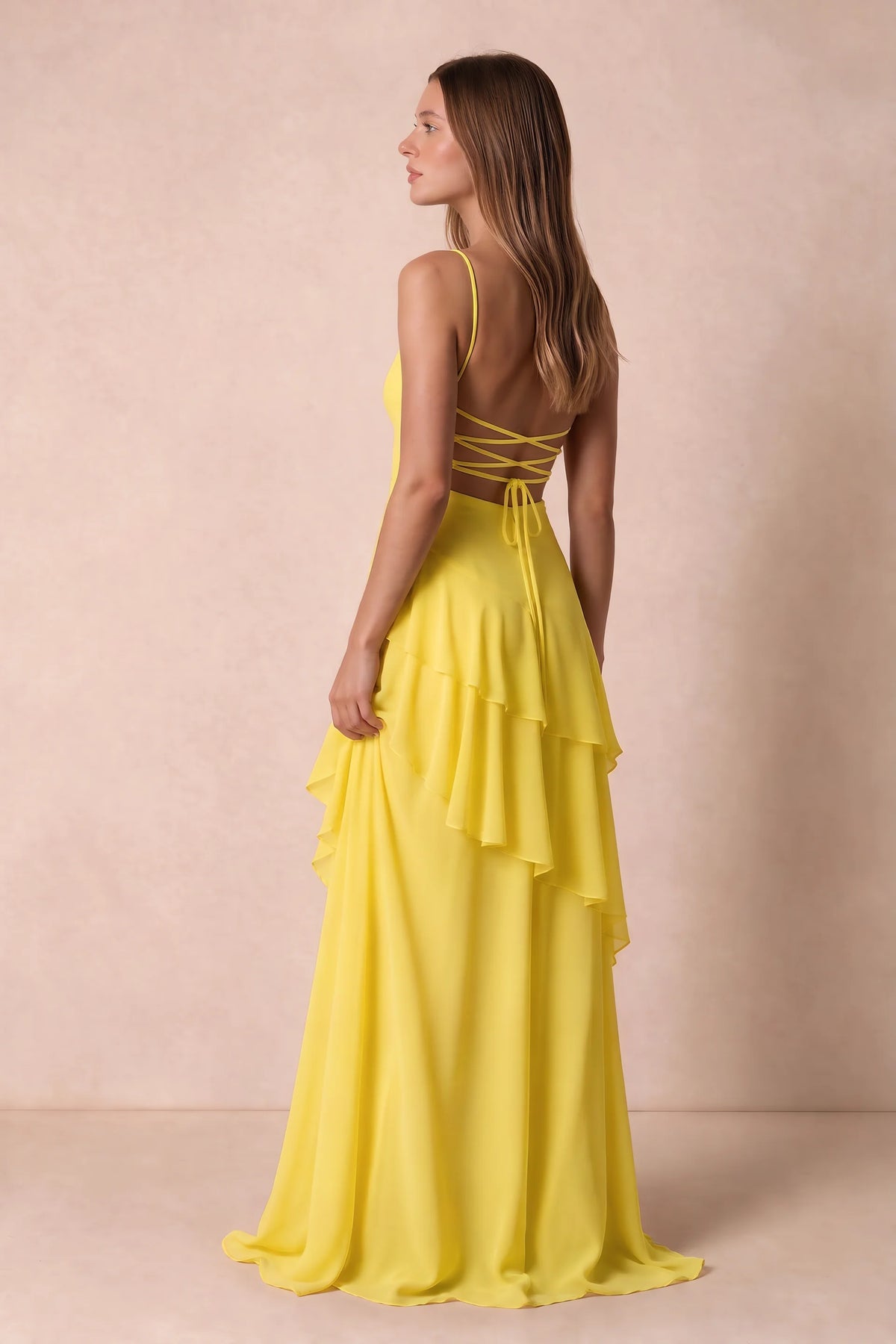 Rosalie Yellow Chiffon Tiered Ruffle Sweetheart Maxi Dress