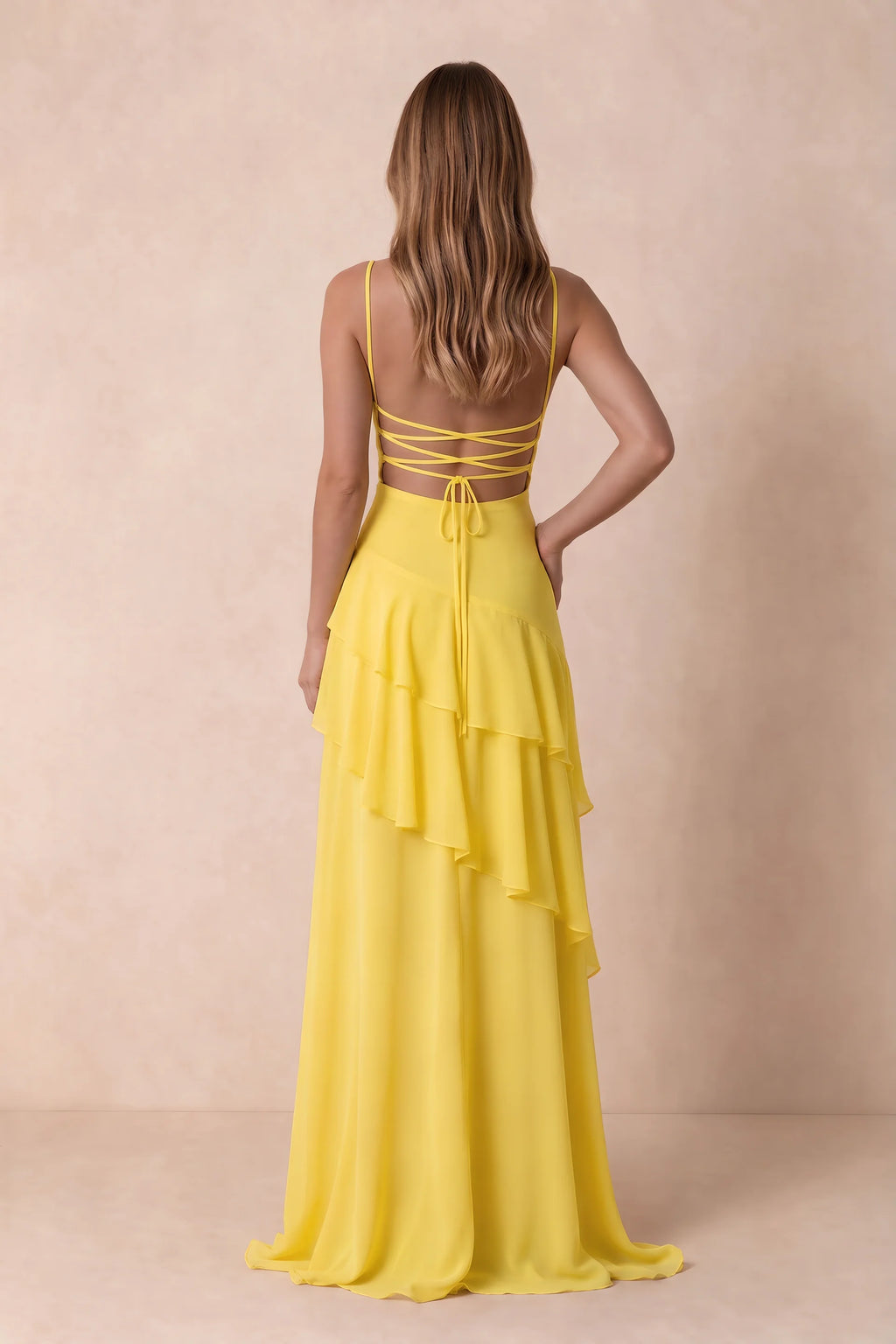 Rosalie Yellow Chiffon Tiered Ruffle Sweetheart Maxi Dress