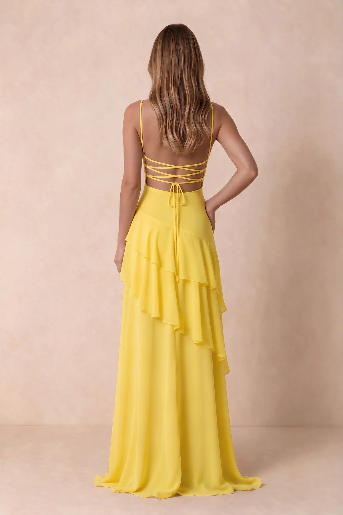 Rosalie Yellow Chiffon Tiered Ruffle Sweetheart Maxi Dress