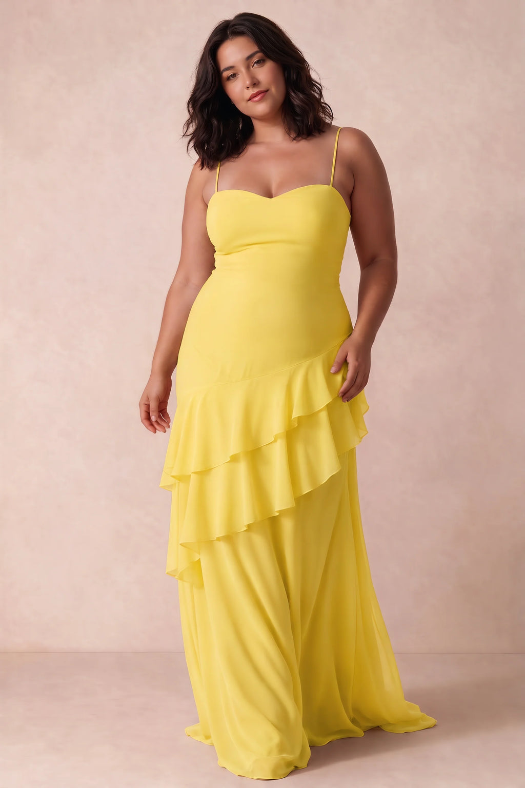 Rosalie Yellow Chiffon Tiered Ruffle Sweetheart Maxi Dress