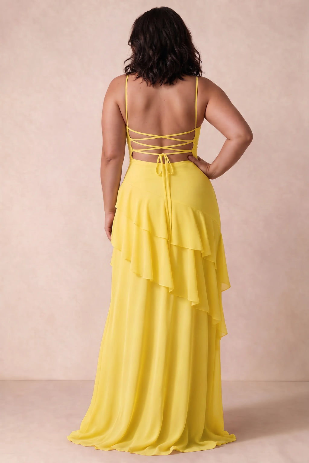 Rosalie Yellow Chiffon Tiered Ruffle Sweetheart Maxi Dress