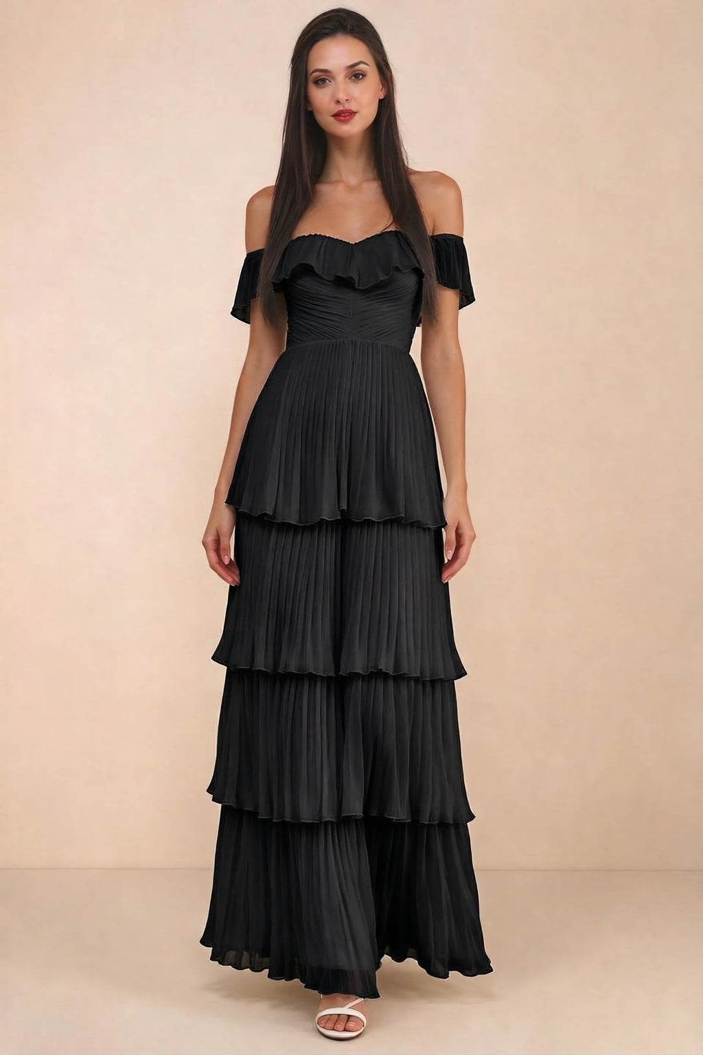 Alternate front studio view of Seraphina black tiered ruffle maxi dress with a long flowing skirt