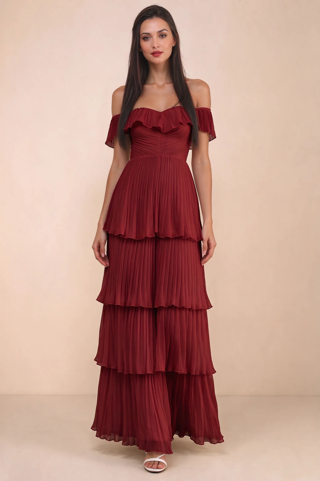 Front studio view of Seraphina burgundy tiered ruffle maxi dress with a long flowing skirt