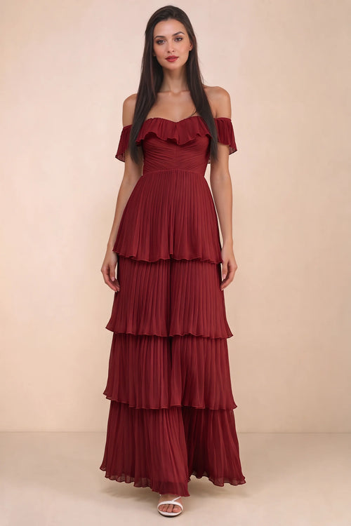 Front studio view of Seraphina burgundy tiered ruffle maxi dress with a long flowing skirt