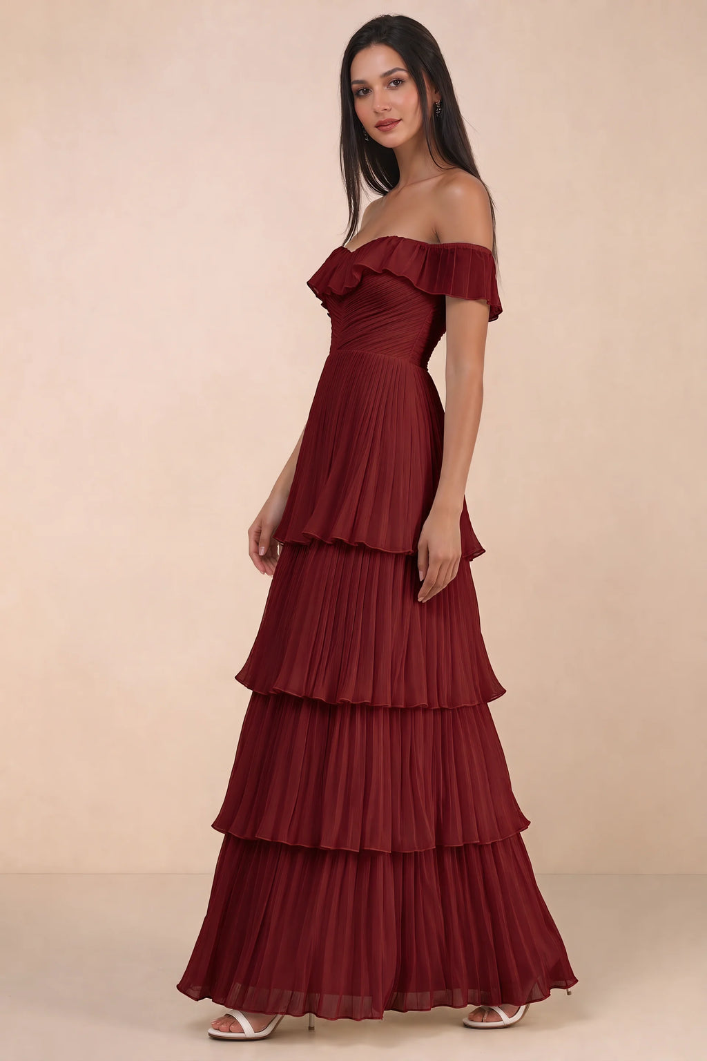 Alternate front studio view of Seraphina burgundy tiered ruffle maxi dress with a long flowing skirt