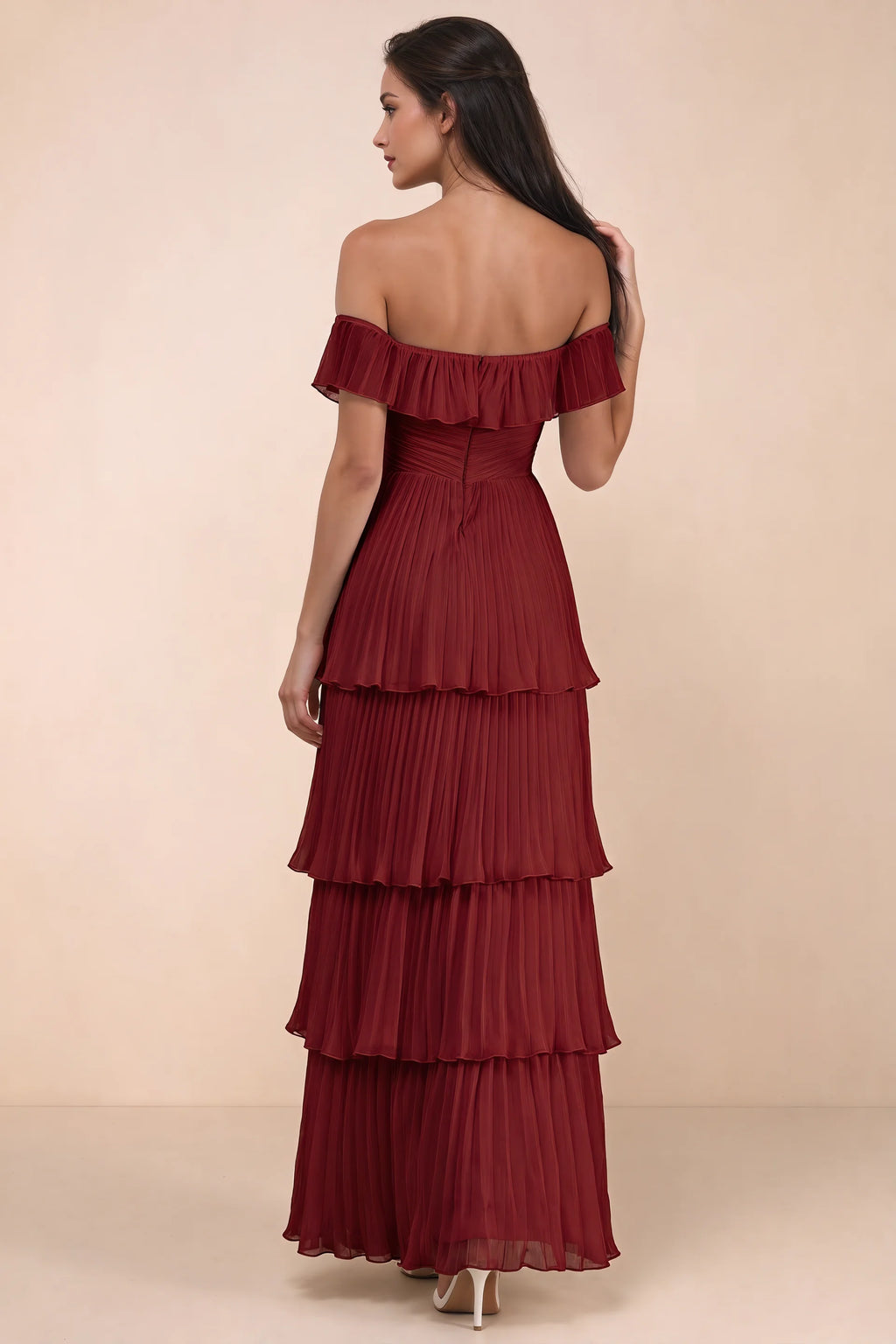 Rear studio view of Seraphina burgundy tiered ruffle maxi dress with a long flowing skirt