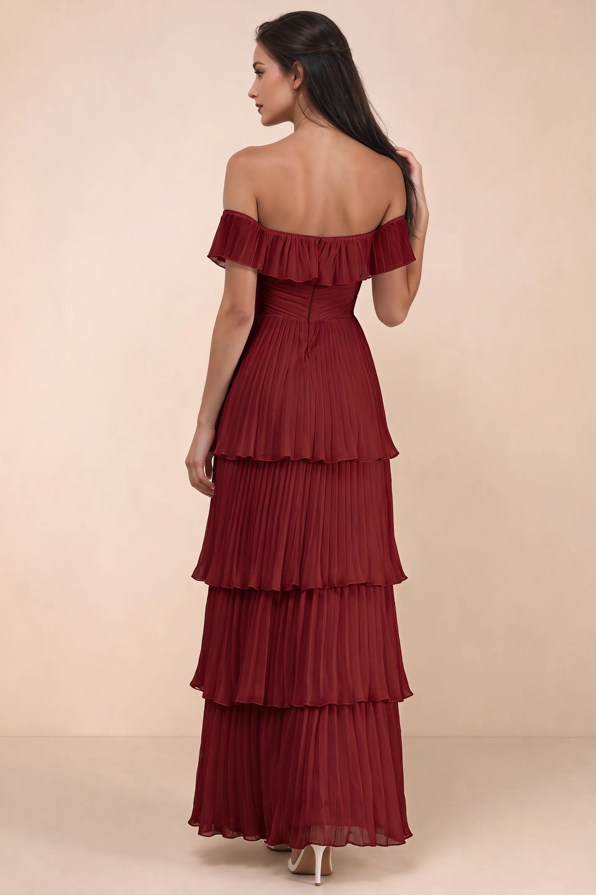 Rear studio view of Seraphina burgundy tiered ruffle maxi dress with a long flowing skirt