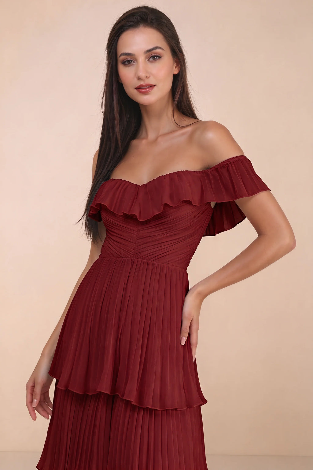 Close-up of shallow sweetheart neckline and off-shoulder ruffle and tiered skirt of Seraphina burgundy tiered ruffle maxi dress
