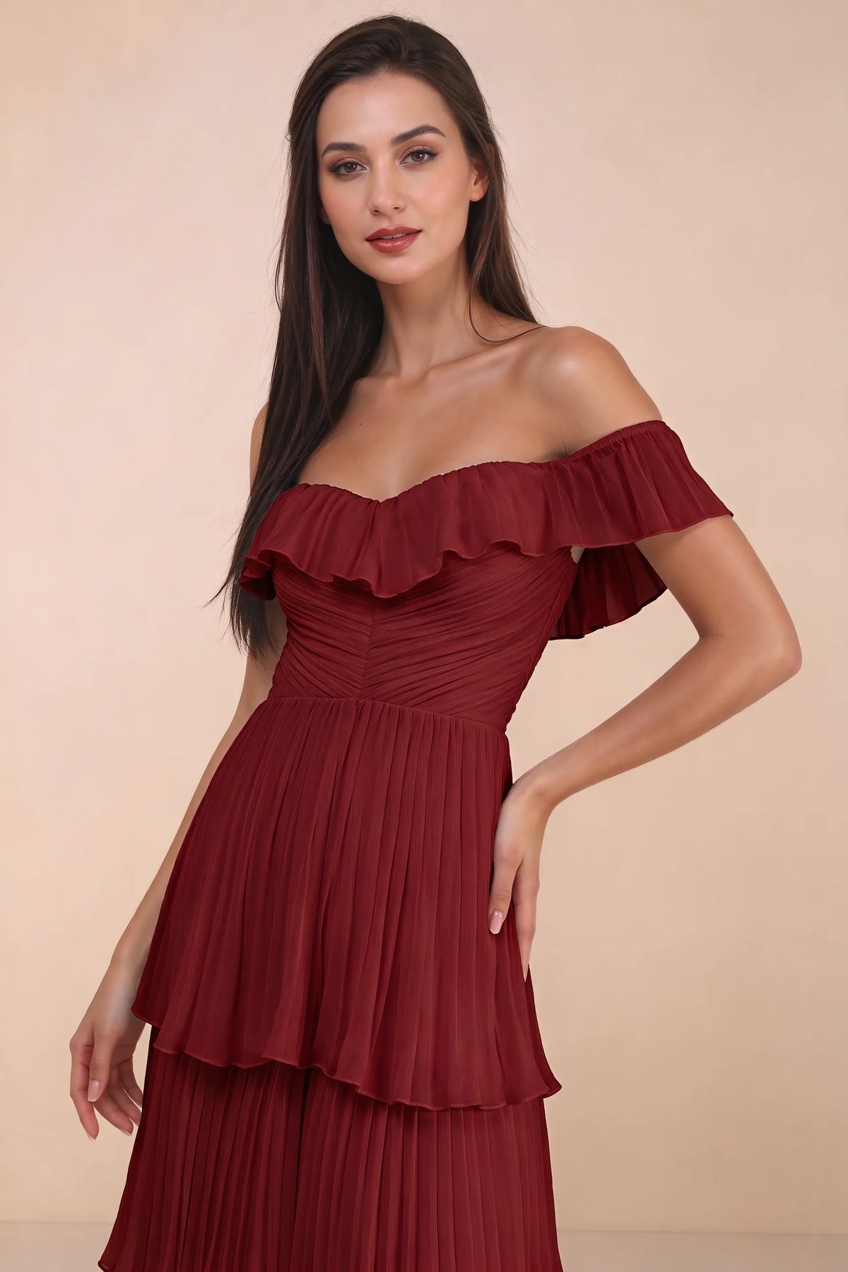 Close-up of shallow sweetheart neckline and off-shoulder ruffle and tiered skirt of Seraphina burgundy tiered ruffle maxi dress