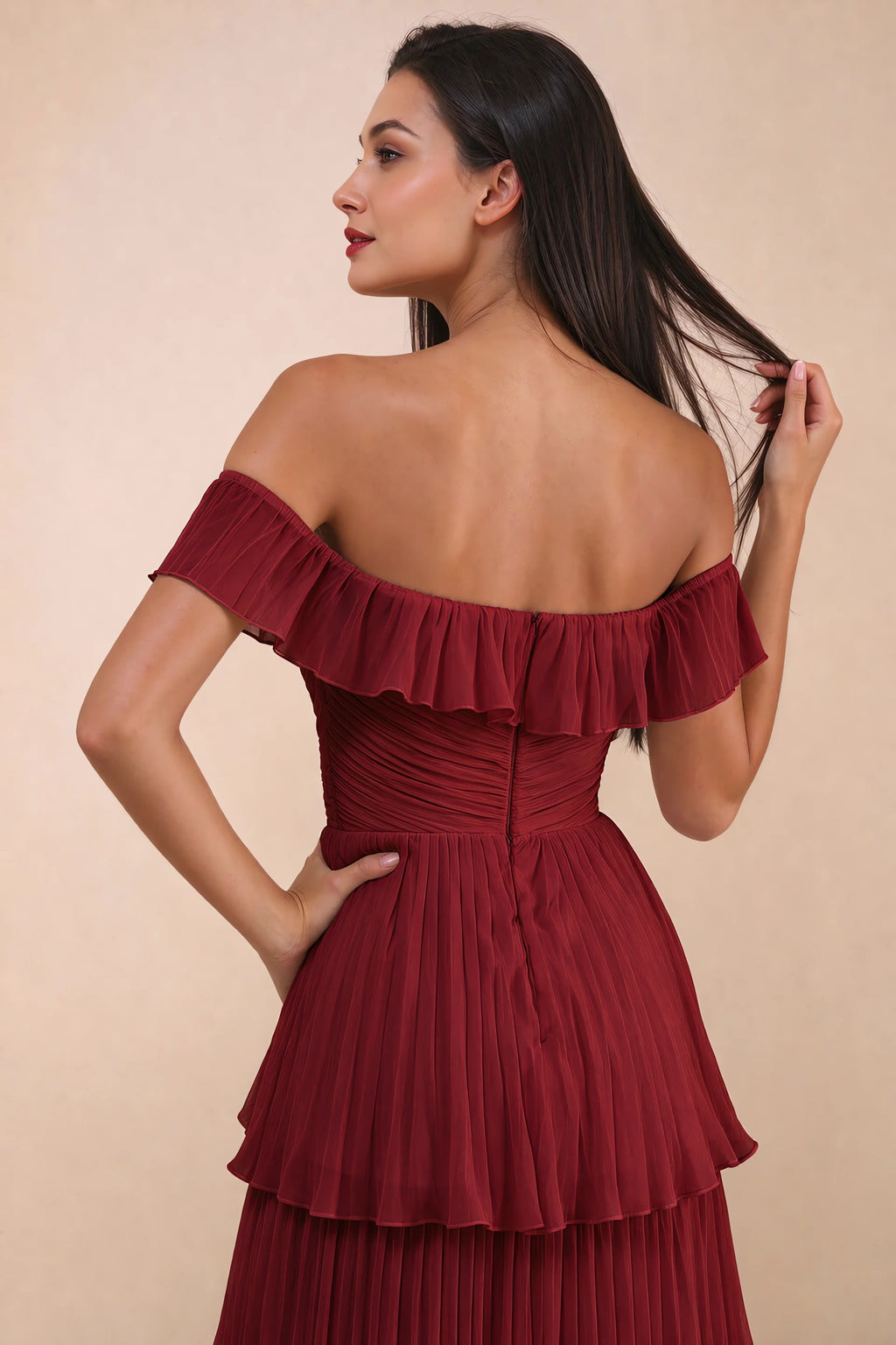 Close-up of back neckline ruffle, ruching and centre-back zipper of Seraphina burgundy tiered ruffle maxi dress