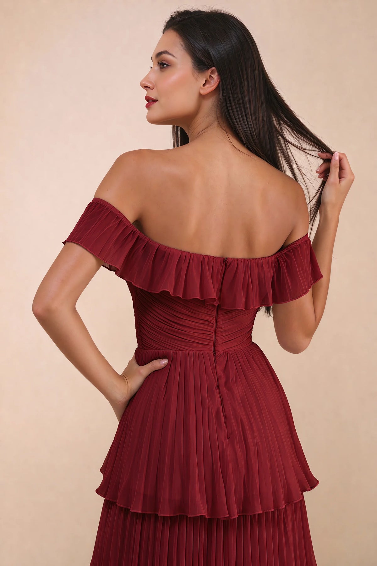 Close-up of back neckline ruffle, ruching and centre-back zipper of Seraphina burgundy tiered ruffle maxi dress