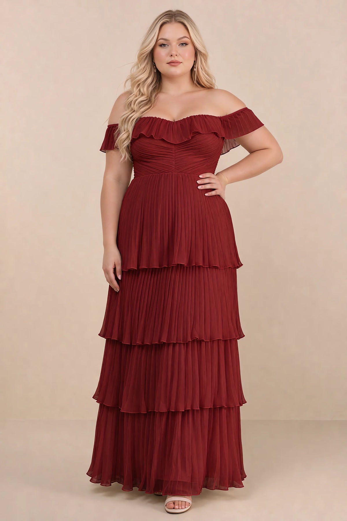 Front view on a second model of Seraphina burgundy tiered ruffle maxi dress with a long flowing skirt