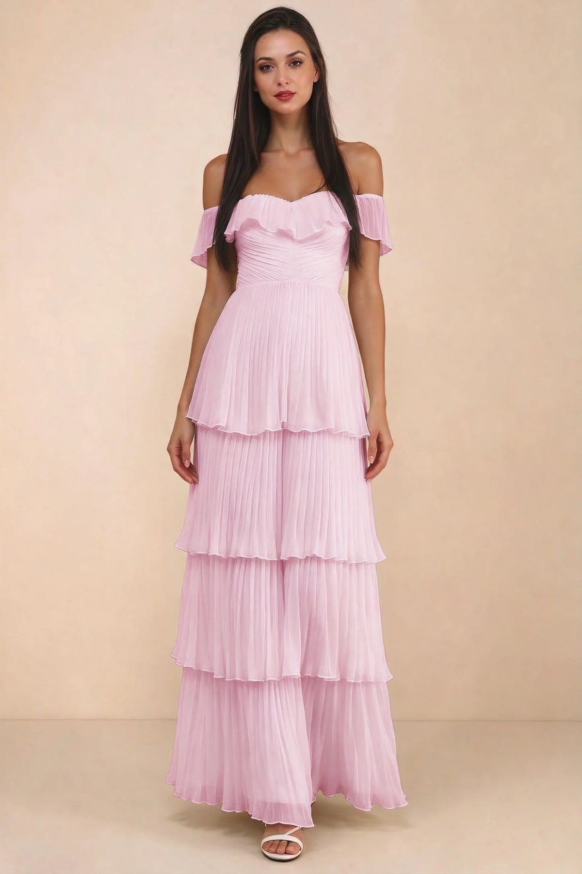 Front studio view of Seraphina candy pink tiered ruffle maxi dress with a long flowing skirt
