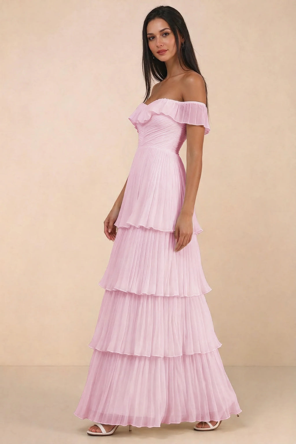 Alternate front studio view of Seraphina candy pink tiered ruffle maxi dress with a long flowing skirt