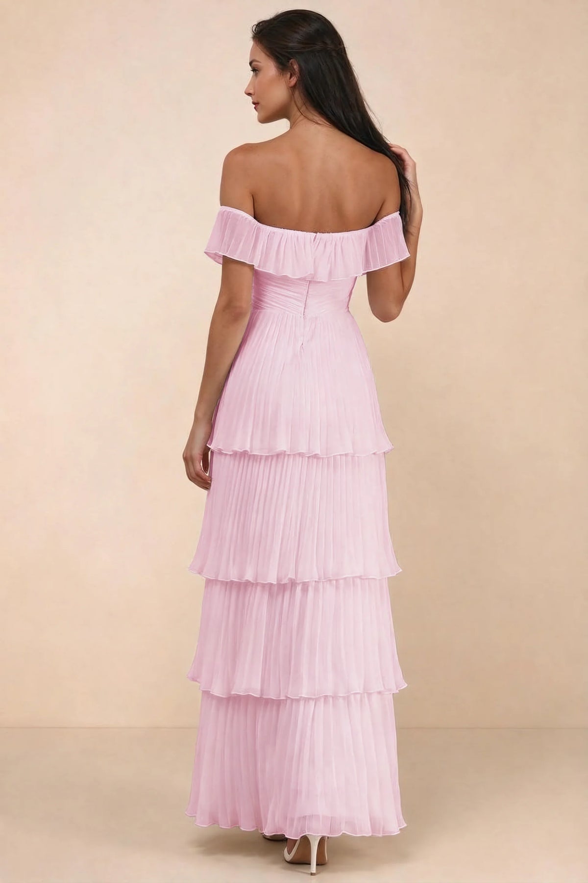 Rear studio view of Seraphina candy pink tiered ruffle maxi dress with a long flowing skirt