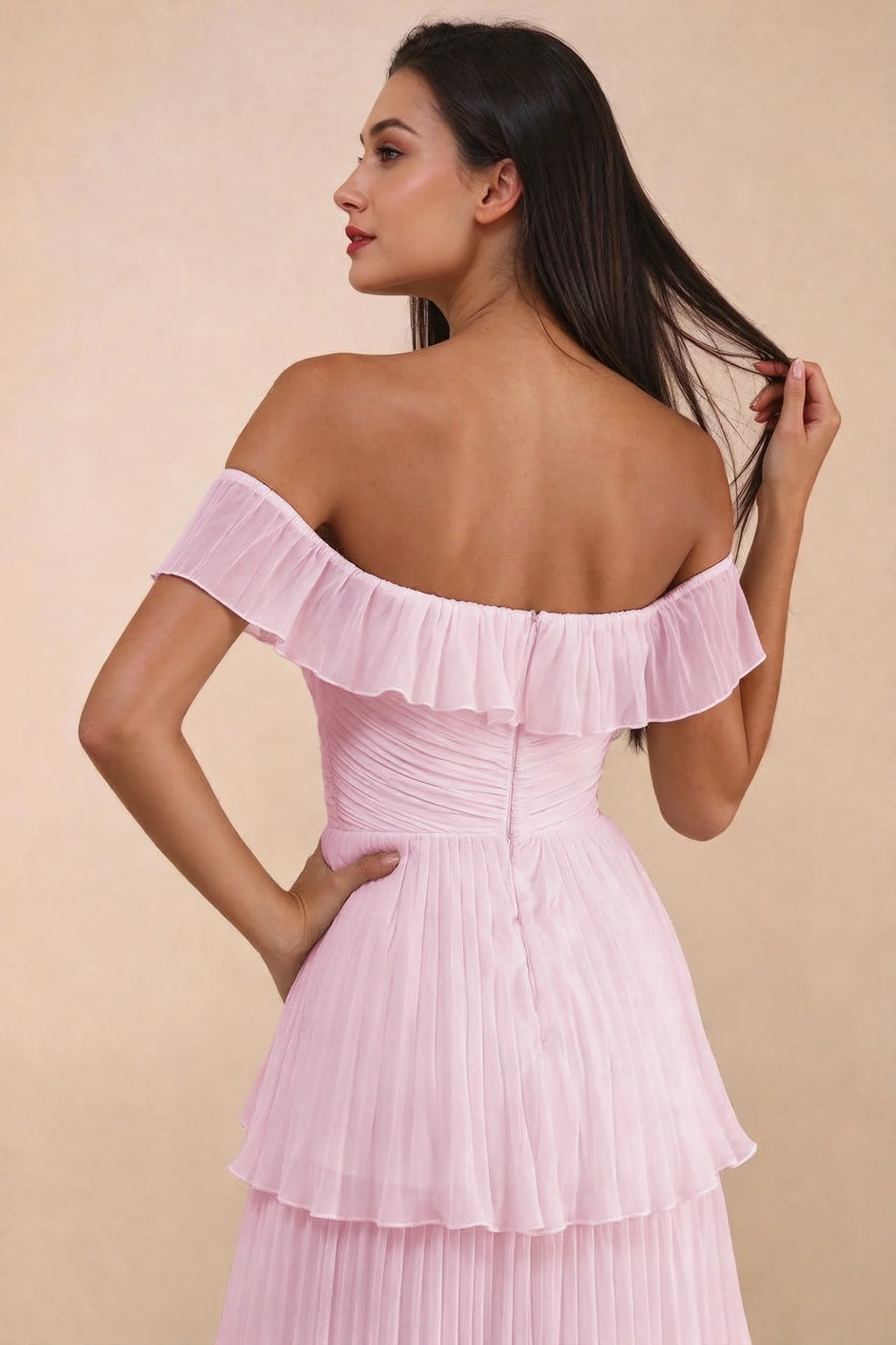Close-up of back neckline ruffle, ruching and centre-back zipper of Seraphina candy pink tiered ruffle maxi dress
