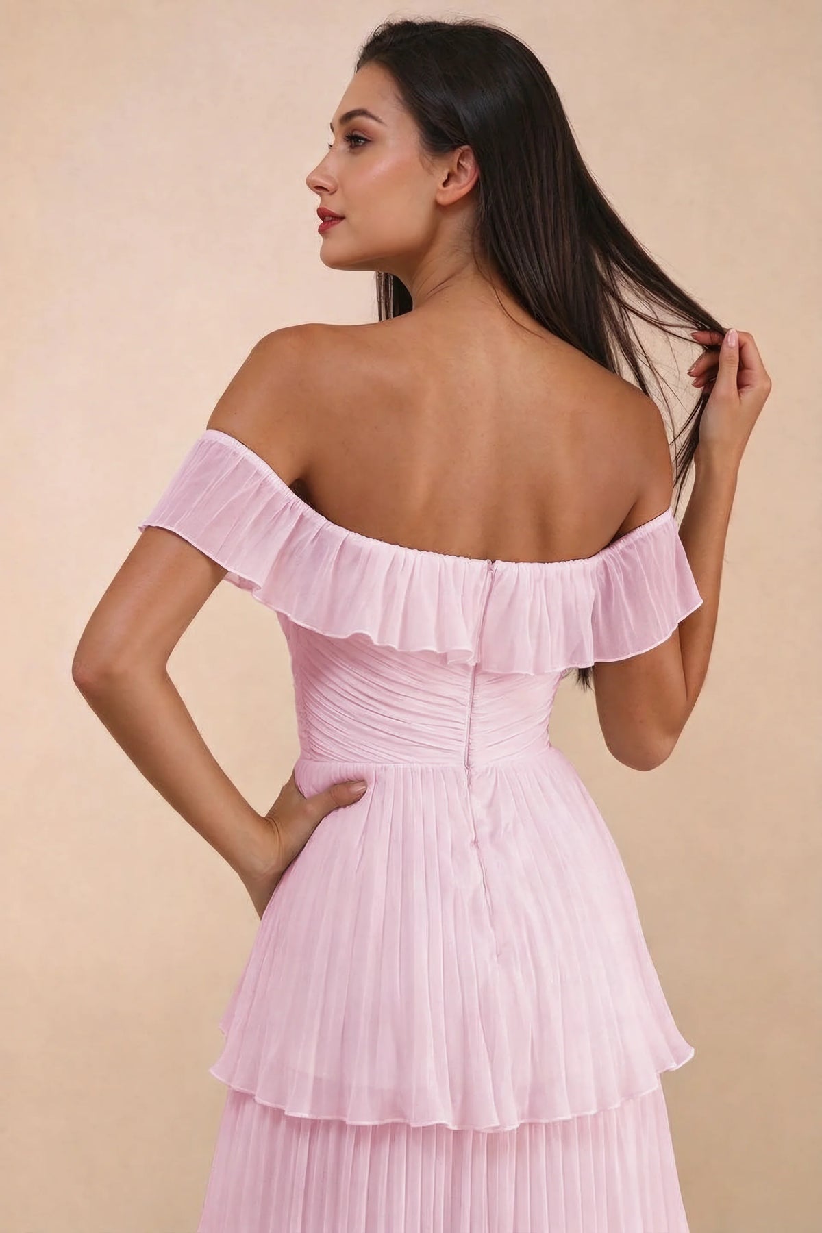 Close-up of back neckline ruffle, ruching and centre-back zipper of Seraphina candy pink tiered ruffle maxi dress